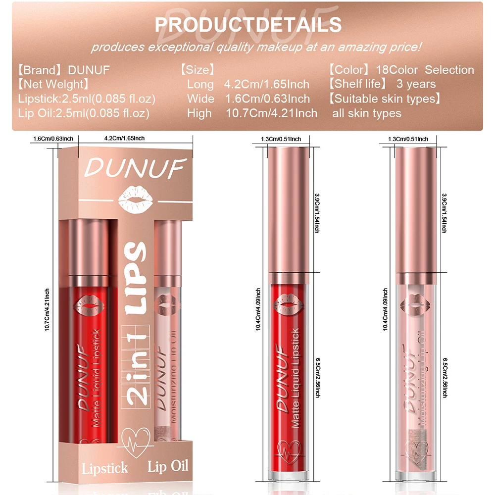 DUNUF Lip Gloss And Lip Oil Set 2-Piece Long-Lasting Waterproof Matte Moisturizing Non-Fading Lipstick Collection
