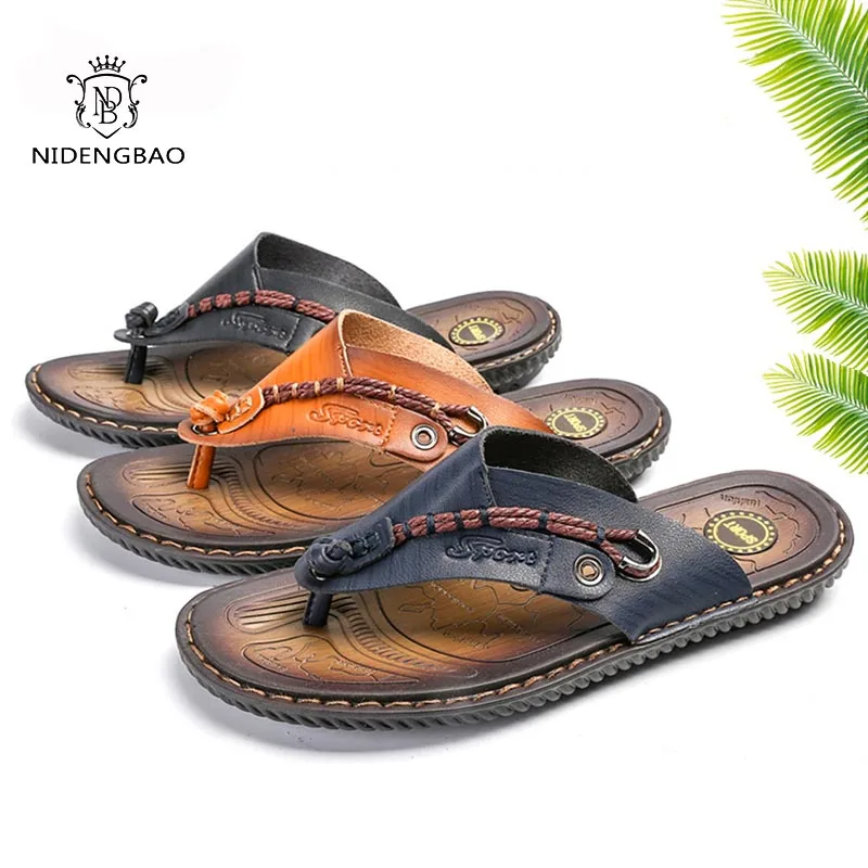 Big Size 46 47 Men Flip Flops Leather Slippers Summer Men Flip Flops Outdoor Slippers Breathable Comfortable Men Flip-Flops