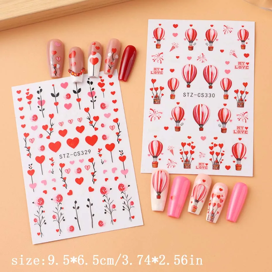 Autocollants pour Nail Art, ballon en forme de cœur d'amour, pour la saint-valentin, Design mignon, autocollants auto-adhésifs pour Nail Art, curseur, accessoires de manucure, 2 pièces