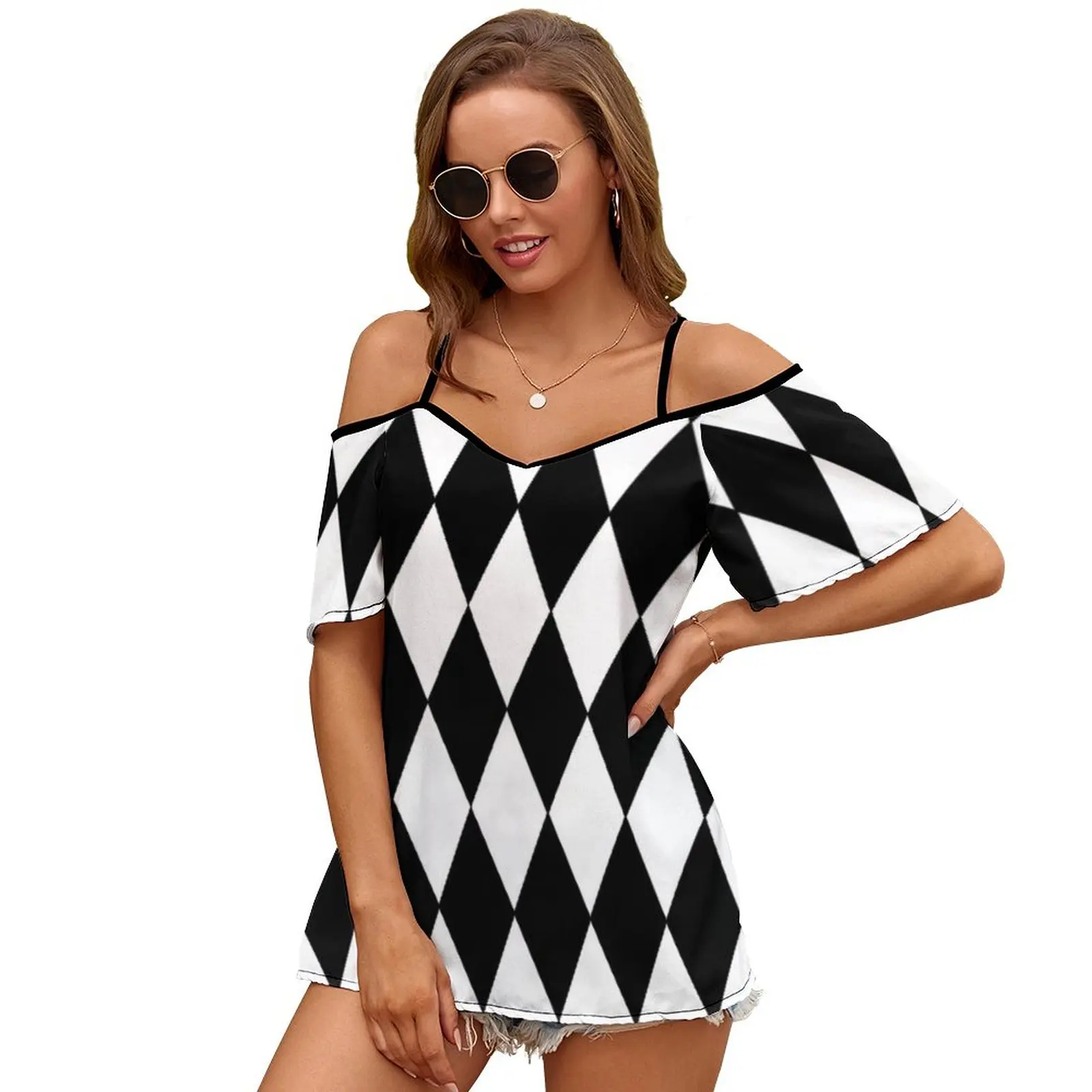 Large Black And White-Diamond-Argyle Pattern Designed For 2322 Women Print T Shirt Casual Off Shoulder Loose Pullover Tops