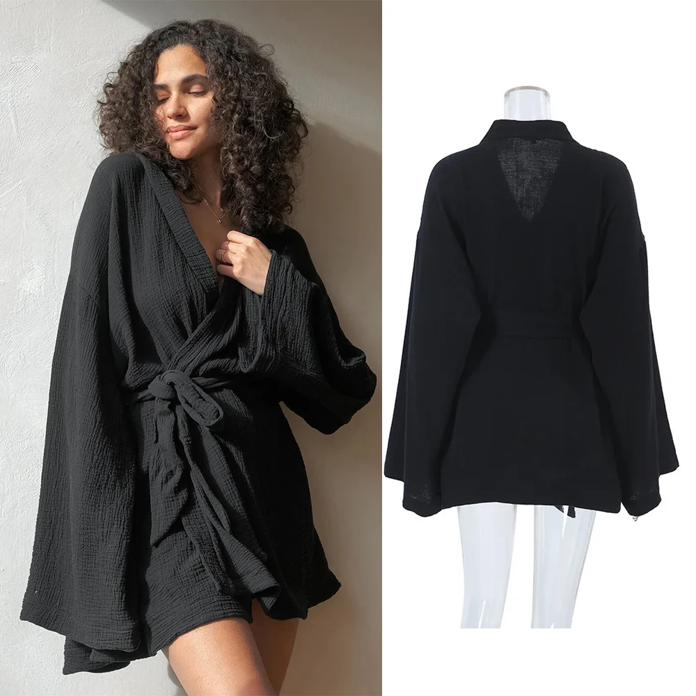 Summer V Neck Simple Loose Nightgown Robe Blue Color Long Sleeve Cardigan Gown Short Morning Gown Pajamas Home Clothes