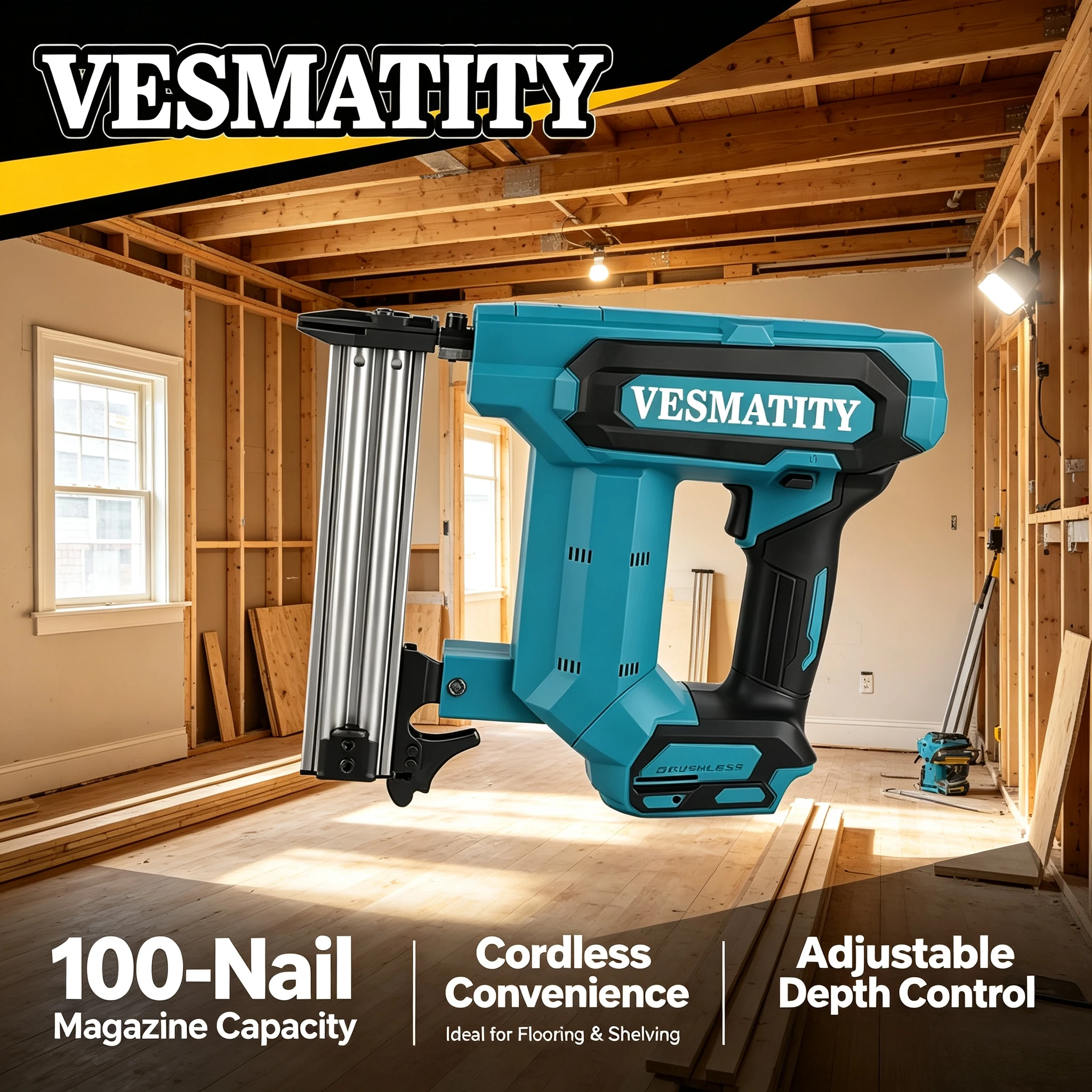VESMATITY Cordless Nail Gun Heavy Nailer Tool 100-Nail for Flooring Shelving DIY Wood Projects For Makita Battery Pro Turbo