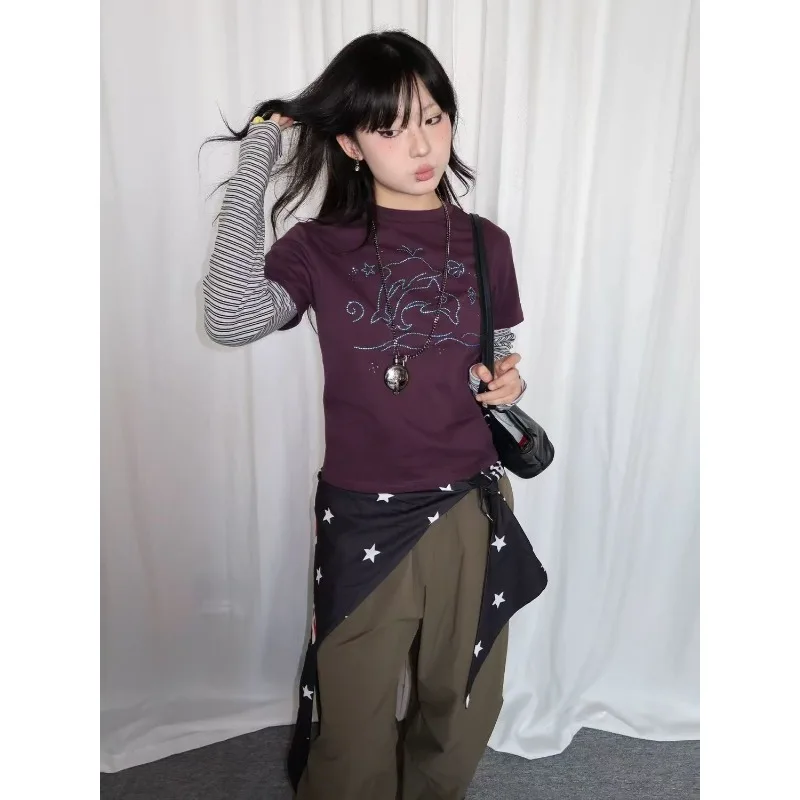 الأمريكية الرجعية مخطط المرقعة التي شيرت الشرير ثقافة فرعية وهمية اثنين تي شيرت Harajuku الجرافيك المطبوعة تيز المرأة القوطية شيك القمم #3