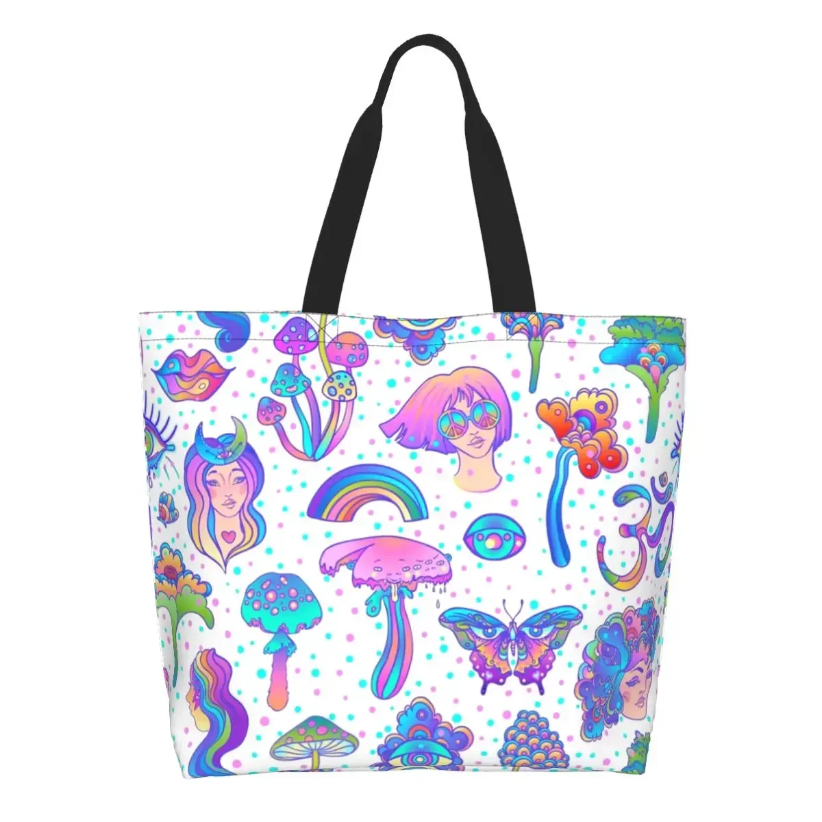 Hippie Trippy Pattern Grocery Tote Shopping Bags Psychedelic Magic Mushrooms Canvas Shoulder Shopper Bag Big Capacity Handbags