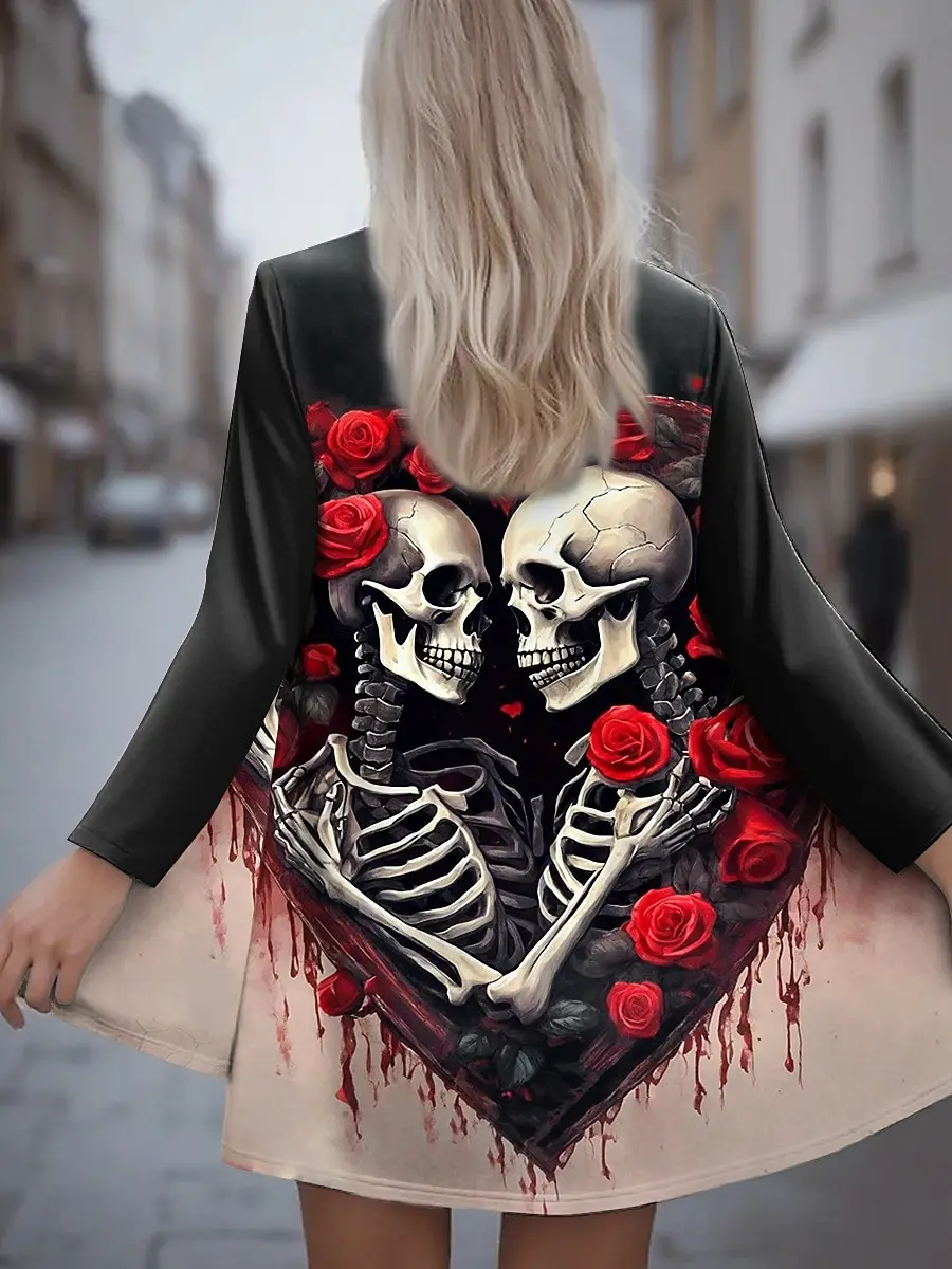 ハロウィン レディース 3D プリント スカル 長袖カーディガン、ポリエステル オープンフロント、軽量カバーアップ、春秋カジュアルコート