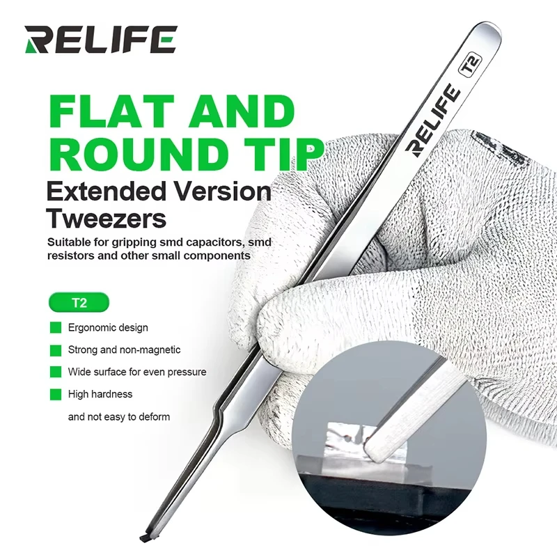 RELIFE T2 Flat Round Tip Extended Handle Tweezers Non-Magnetic for SMD Capacitor Resistor Phone Repair Components Hand Tool