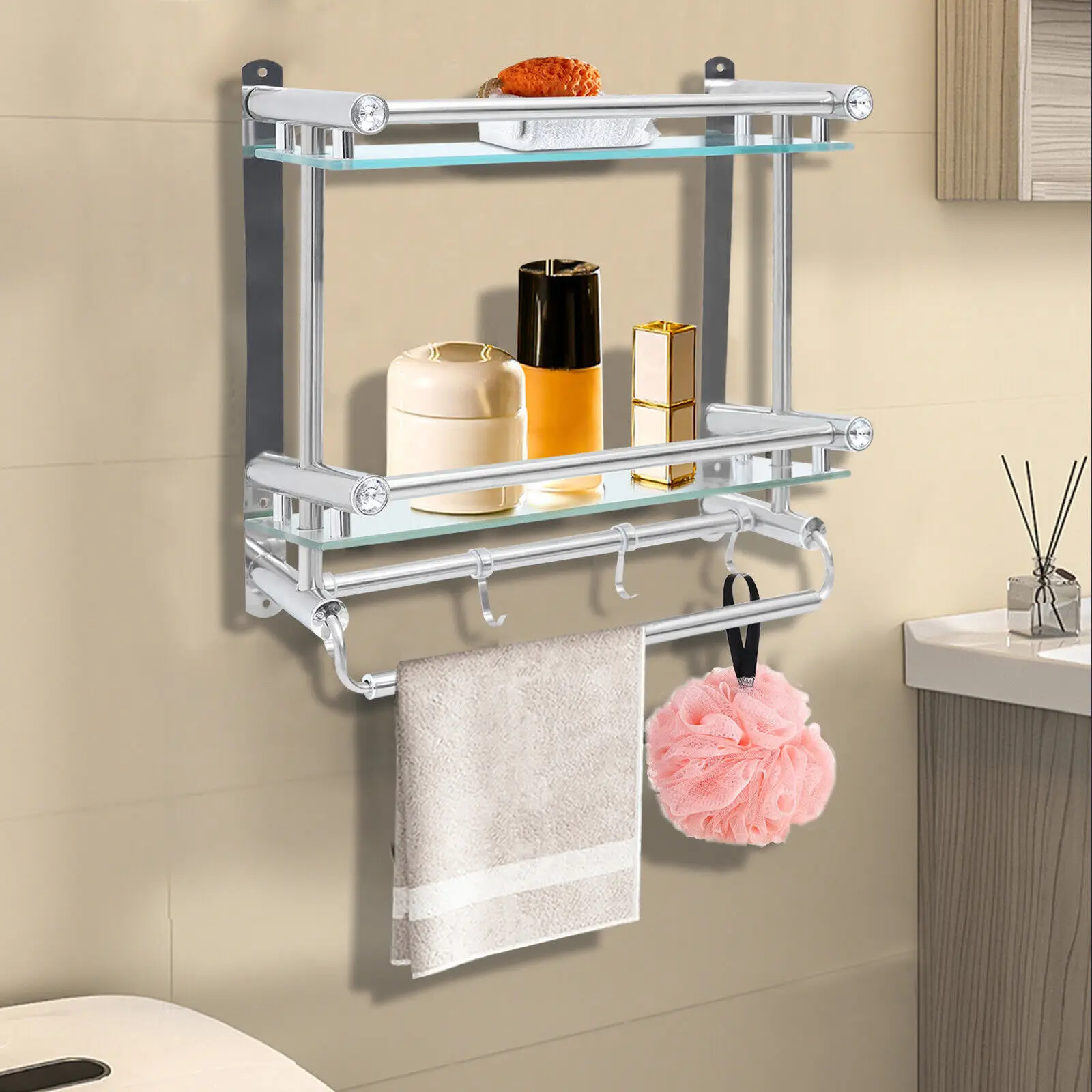 Bathroom Shelf Tempered Glass Floating Shelves Wall Mounted Stainless Steel Storage Rack with 2 Towel Bar Hanger