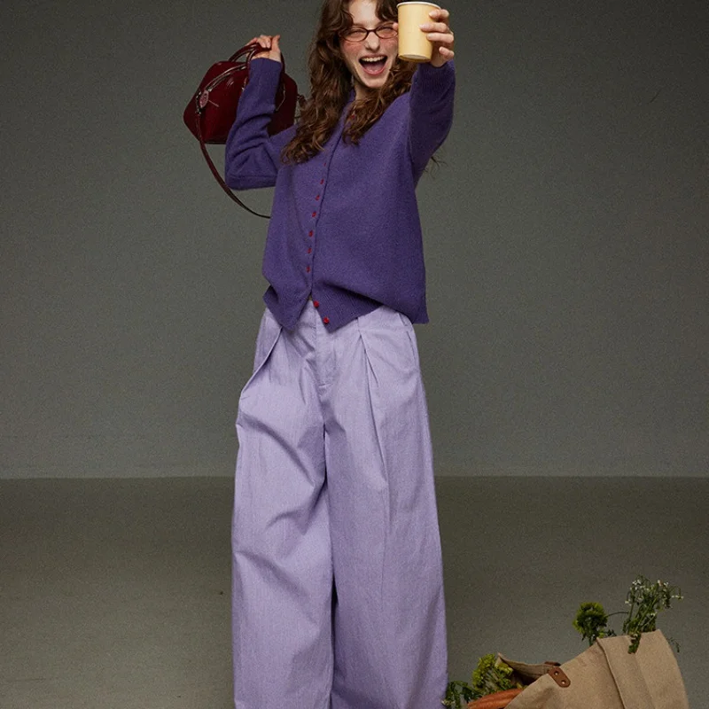 

French Style Purple Single Breasted Mohair Sweater Women Autumn Long Sleeve Knit Female Cardigan Fashion O-neck Tops