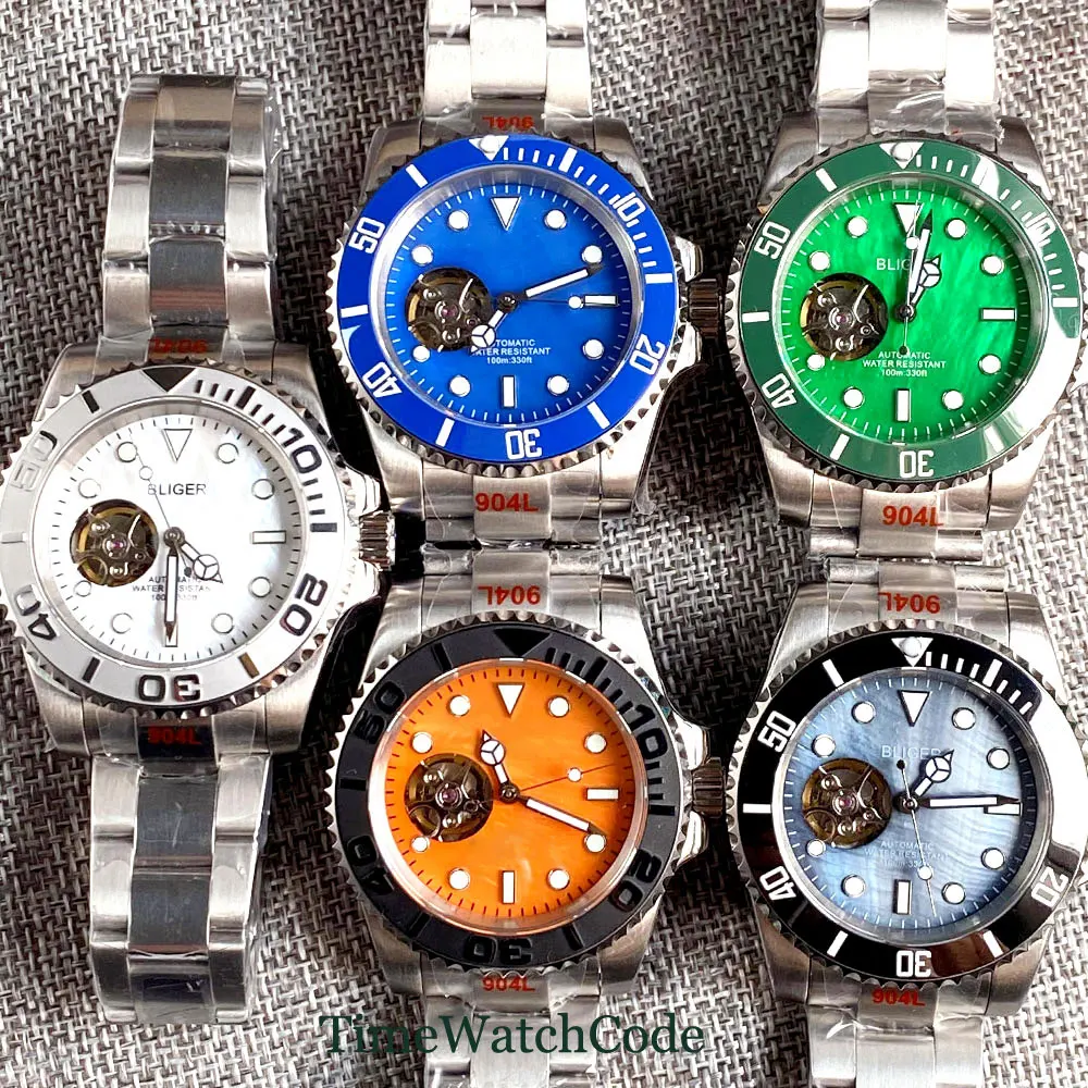 

NH38A Movement Automatic Mechanical Mens Watch 40mm Bliger/Sterile Skeleton Shell Dial Sapphire Glass 316L Bracelet Luminous