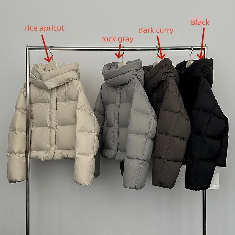 Winter New Women's White Duck Down Short Vertical Collar Hooded Down Jacket