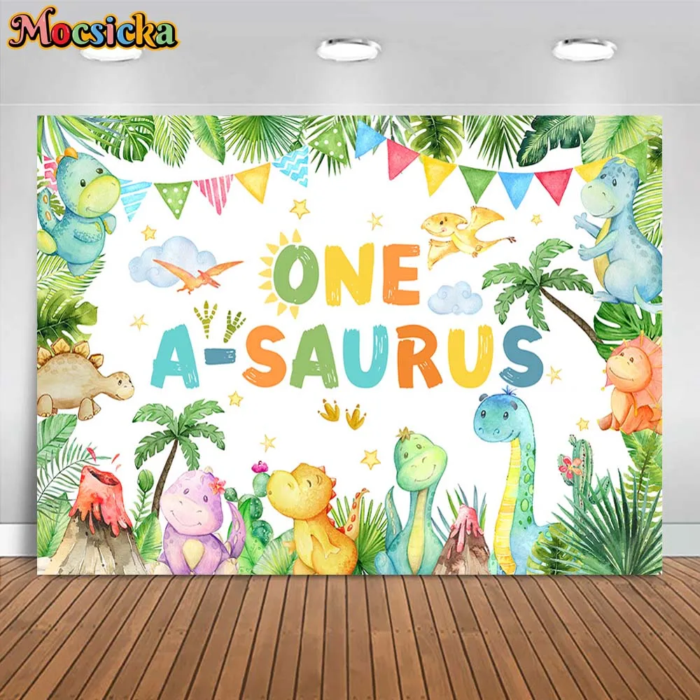 

Mocsicka Children 1st Birthday Backdrop Cute Dinosaur Tropical Jungle Palm Leaves Boy First Birthday Party Decoration Background