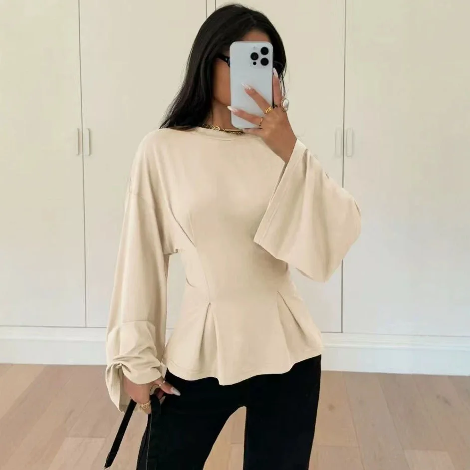 2026 New Solid Color Peplum Blouse Women Round Neck Flare Long Sleeve Waist Shaping Slim Casual Office Tops