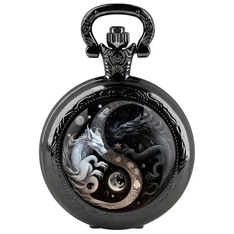 Jam tangan saku Quartz Naga Yinyang hitam dengan kaca kristal mistis dualisme penahan waktu