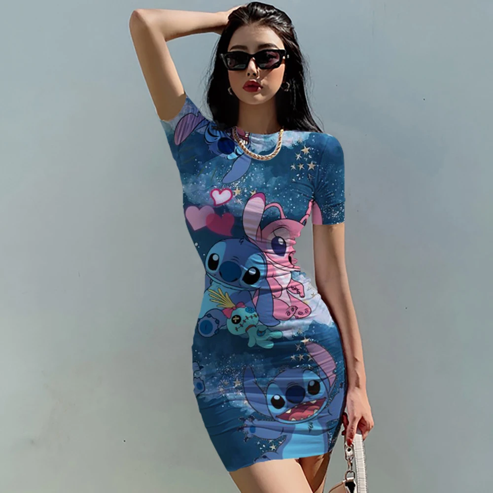 

Disney Stitch Design Seaside Spice Girls Short Skirt Women's Tight Pack Hip Sexy Mini Slim tight Beach Dress Ladies Summer New