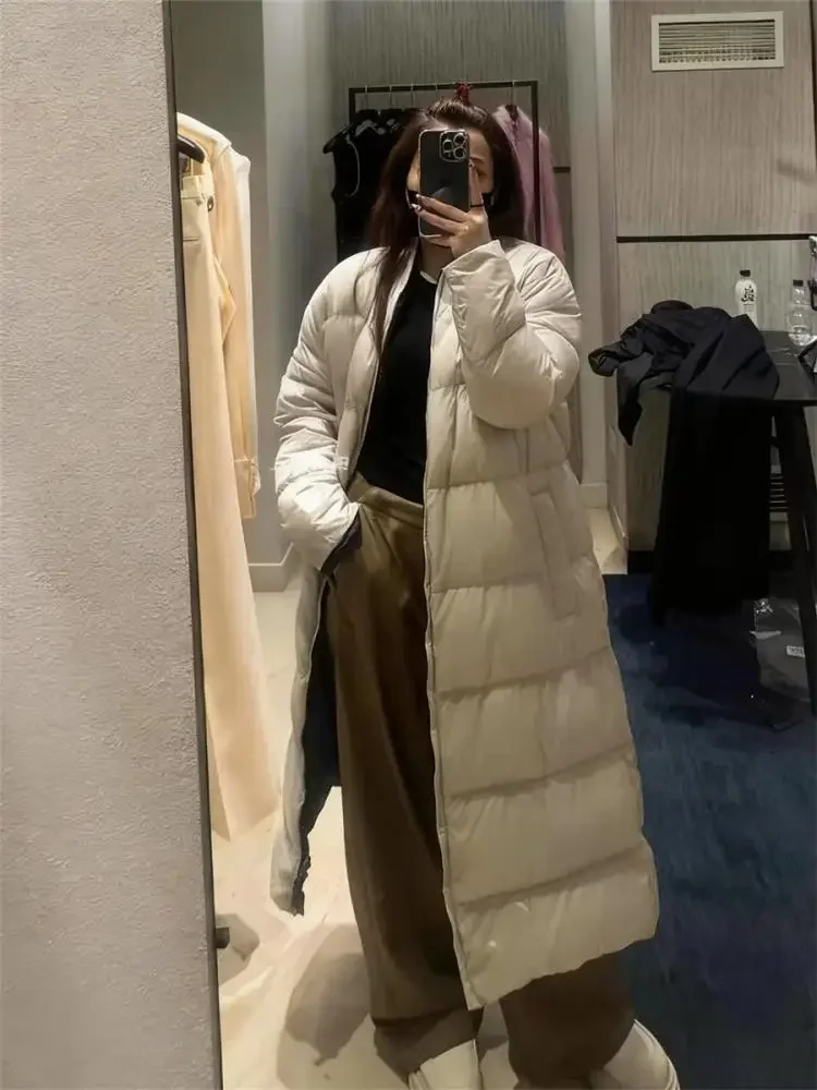 2025 Winter Women Fashion Warm Long Down Jacket Stand Collar Pleated Long Sleeve Reversible Jacket