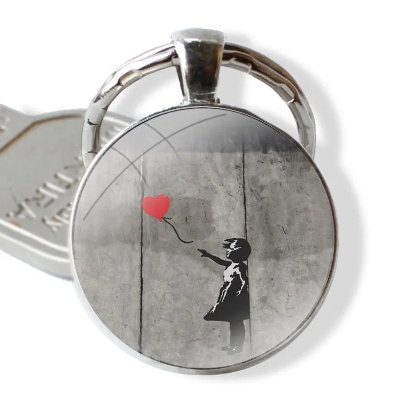 Handmade vidro cabochão chaveiro com balão vermelho, porta-chaves, Banksy menina pingente