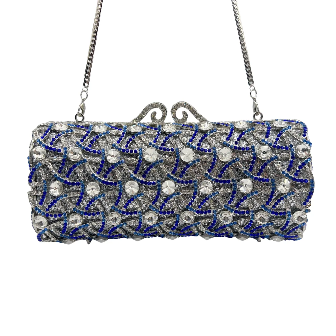 Silver-Blue Cylinder Clutch, Metallic Gradient Evening Bag for Women. OEM Custom Modern Purse, Low MOQ Wholesale from Factory Di