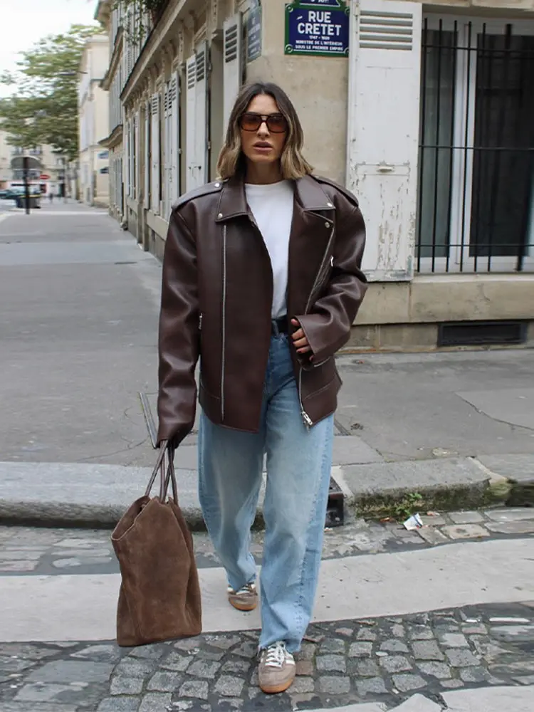 Solid Pu Leather Women Jacket Laple Long Sleeve Zippers Female Coat 2026 Autumn Vintage All Match Pocket Y2k Lady Outwear New