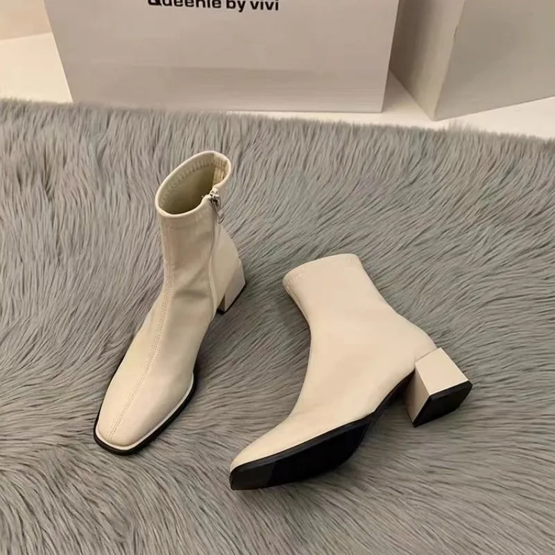 2026 Autumn Four-color Women's Short Boots, Square-toe Thick Heel Side Zip Nude Leather Short Boots, Chelsea Boot, Ankle Boot view 6