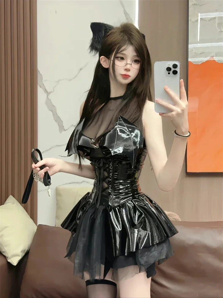 

Leather Dress Uniform Temptation Clothes Black Cute Cosplay Costume Sleepwear 2025 New Women Sexy One-Piece Lingerie Female