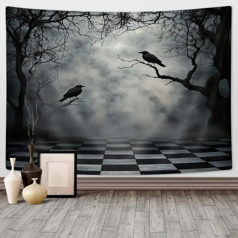 VIKAMA Gothic Crow Forest Tapestry, Misty Dead Tree Checkered Floor Wall Hanging, Dark Raven Cloth Poster Bedroom Decor