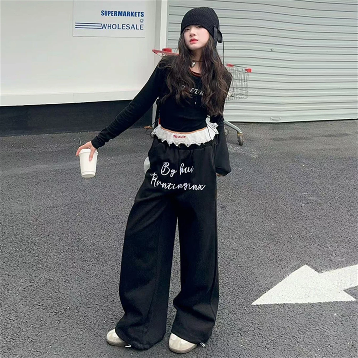Women's Y2K Lace Waist Wide Leg Pants Letter Print Baggy Streetwear Trousers Casual Loose Sweatpants