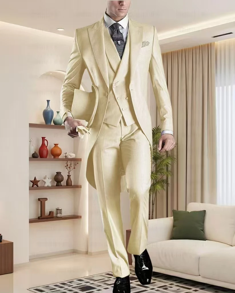 

Wedding Men Tail Coat 3 Pieces Groom Tuxedo Tailcoat Suit Set Business Wedding Long Blazer Best Fashion Banquet