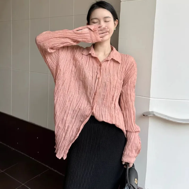 미야케 플리츠 심플 셔츠 여성용 2026 봄 신상 데일리 다용도 캐주얼 블라우스 솔리드 컬러 셔츠 긴팔 플리츠 의류