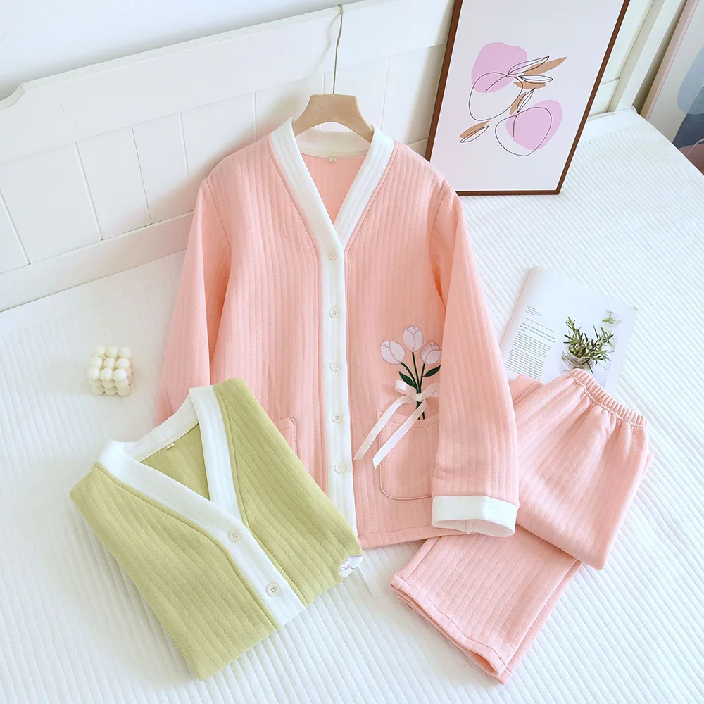 V-Neck Embroidered Tulip Warm Home Pajamas Solid Simple Ladies Sleepwear Woman Long Sleeve Cardigan Floral Top+Loose 2PCS Winter