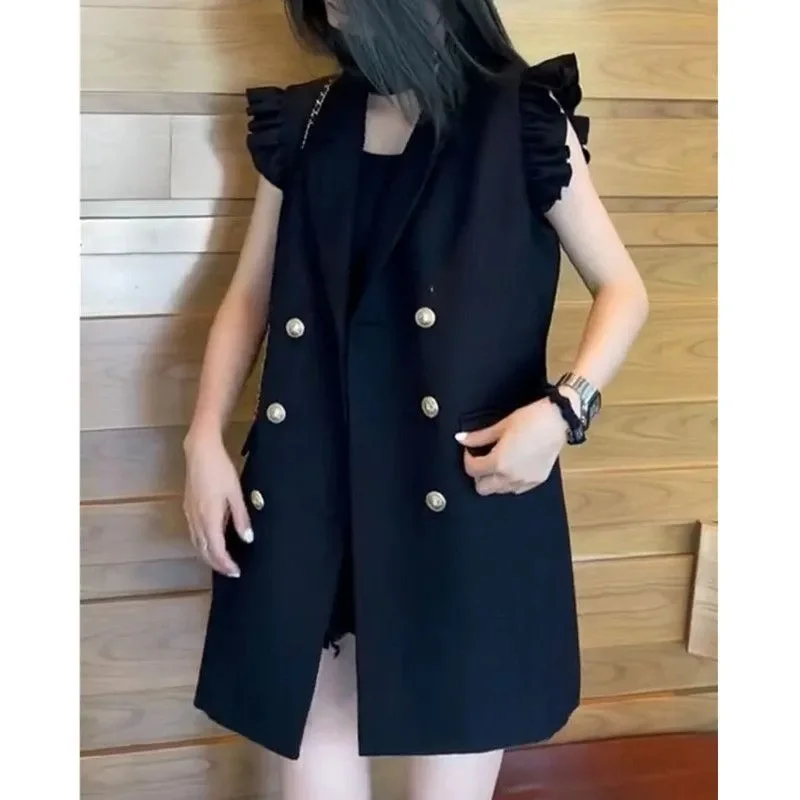 Korean Femme Double Breasted Suit Collar Sleeveless Jacket Spring Women Lotus Leaf Edge Waistcoat Coat Lady Solid Color Vest Top