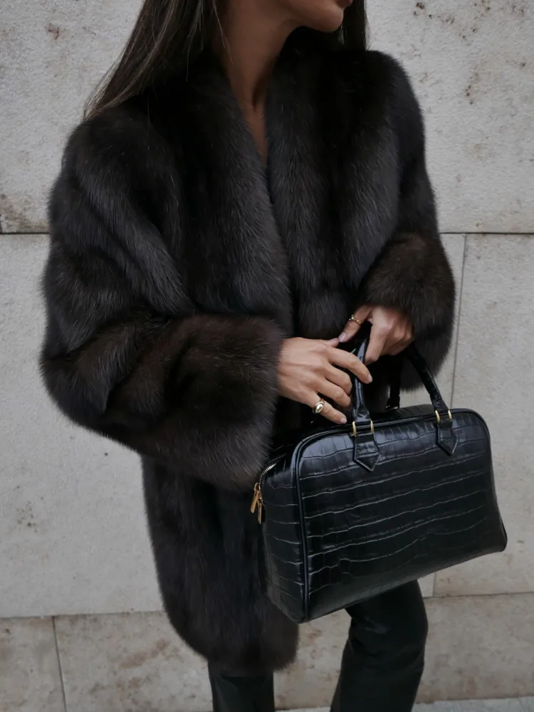 DFDG femmes 2025 automne hiver élégant luxe fausse fourrure manteau épaissi col montant revers à manches longues chaud élégant manteau de fourrure