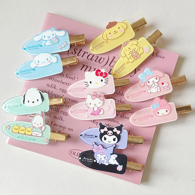 Sanrio-Pinza para el pelo Kawaii sin costuras para niños, pasador de 2 piezas, con dibujos de Hello Kitty, Kuromi, con flequillo, para pico de pato