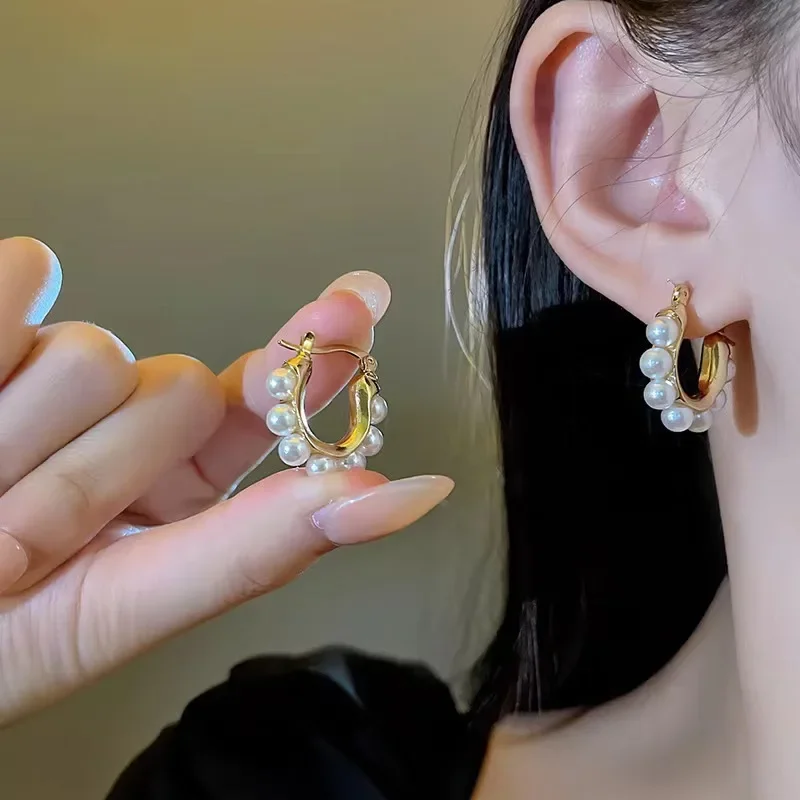 Stylish U-shaped Hoop Earrings Gold Color Elegant Imitation Pearl Earrings Wedding Party Girls Luxury Accessories Women's Gifts image 2
