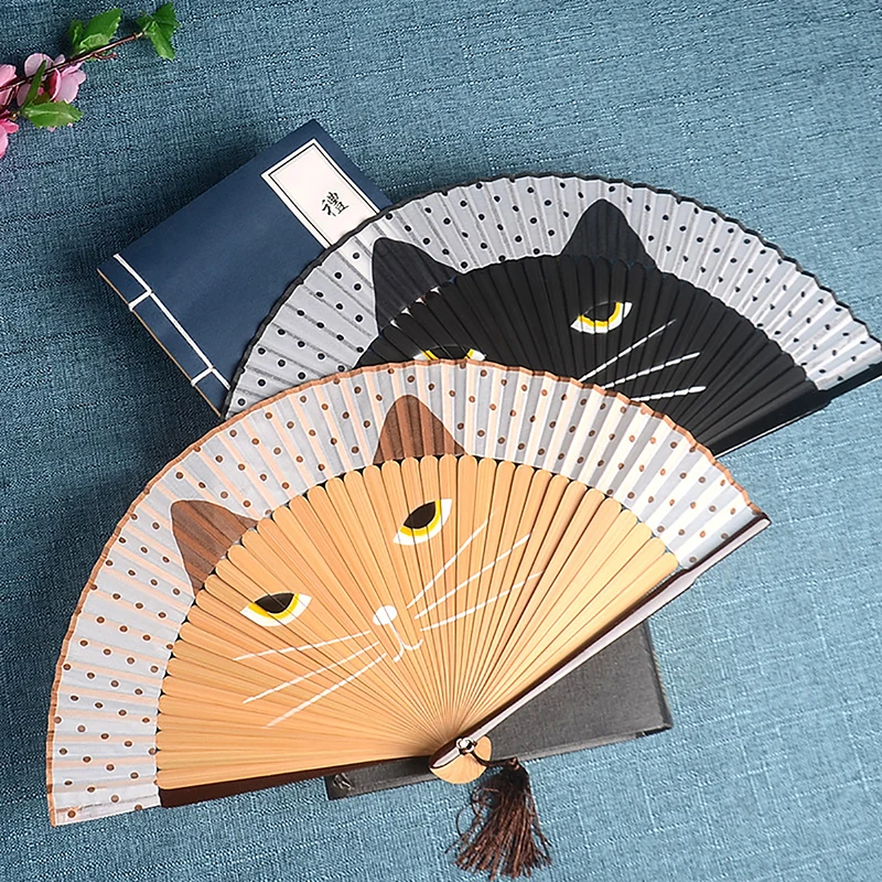 1 Stuk Kat Patroon Bamboe Opvouwbare Ventilator Voor Vrouwen Leuke Cartoon Kat Hand Fan Kimono Badjas Hand Fan Ambachten Decoratie