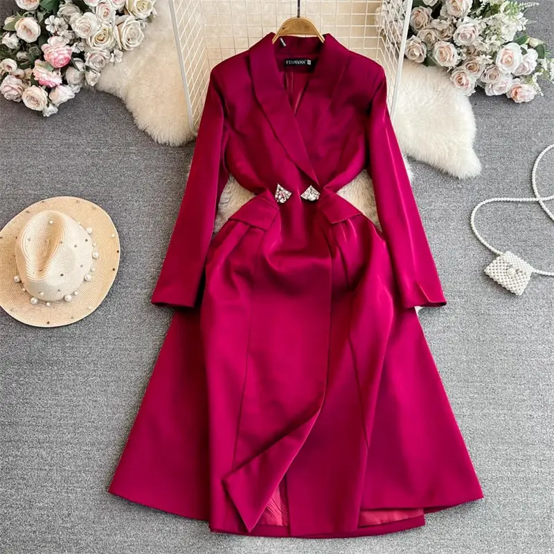 

Autumn Winter French Hepburn Style Blazer Dress Women Elegant Long Sleeve Suit Collar Slim A-Line Windbreaker Coat Dress Z3856