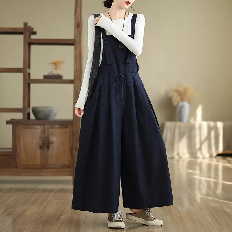 Literary Denim Jumpsuits Women Solid Wide Leg Pants High Street Oversized Casual Romper Vintage One Piece Outfit Female Clothing