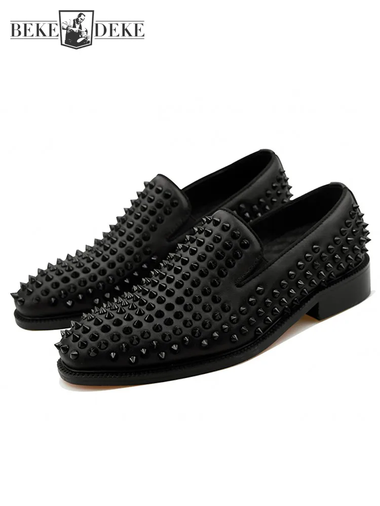 Spring Men Fashion Rivets Studded Wedding Party Dress Shoes Slip On Loafers Square Toe Med Heels Cowhide Genuine Leather Shoes