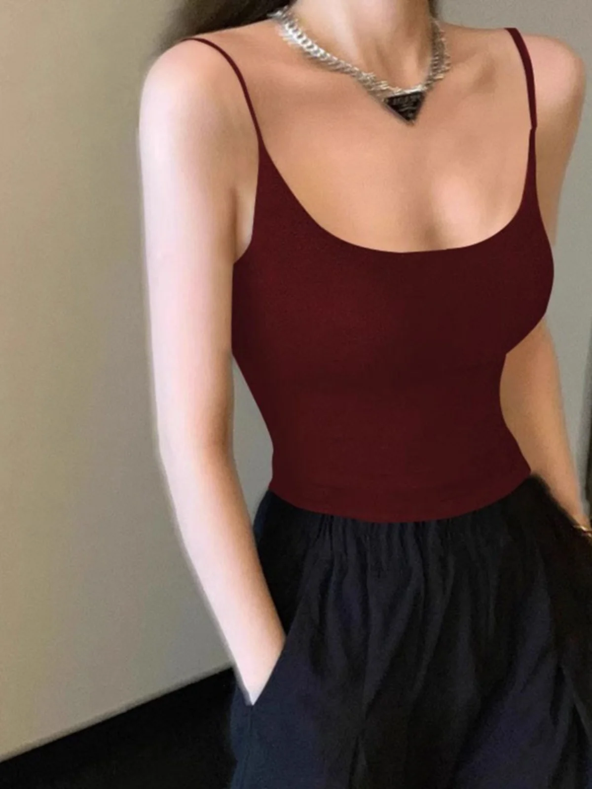 Ankela Red Small Strap Vest Women Spring Autumn Suit Inner Match Beautiful Back Bra Integrated Base with Chest Pad Top