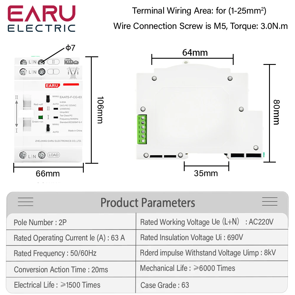 EARU Din Rail Mini 2P 63A AC 220V ATS Dual Power Automatic Transfer Switch Electrical Selector Switches Uninterrupted Powe