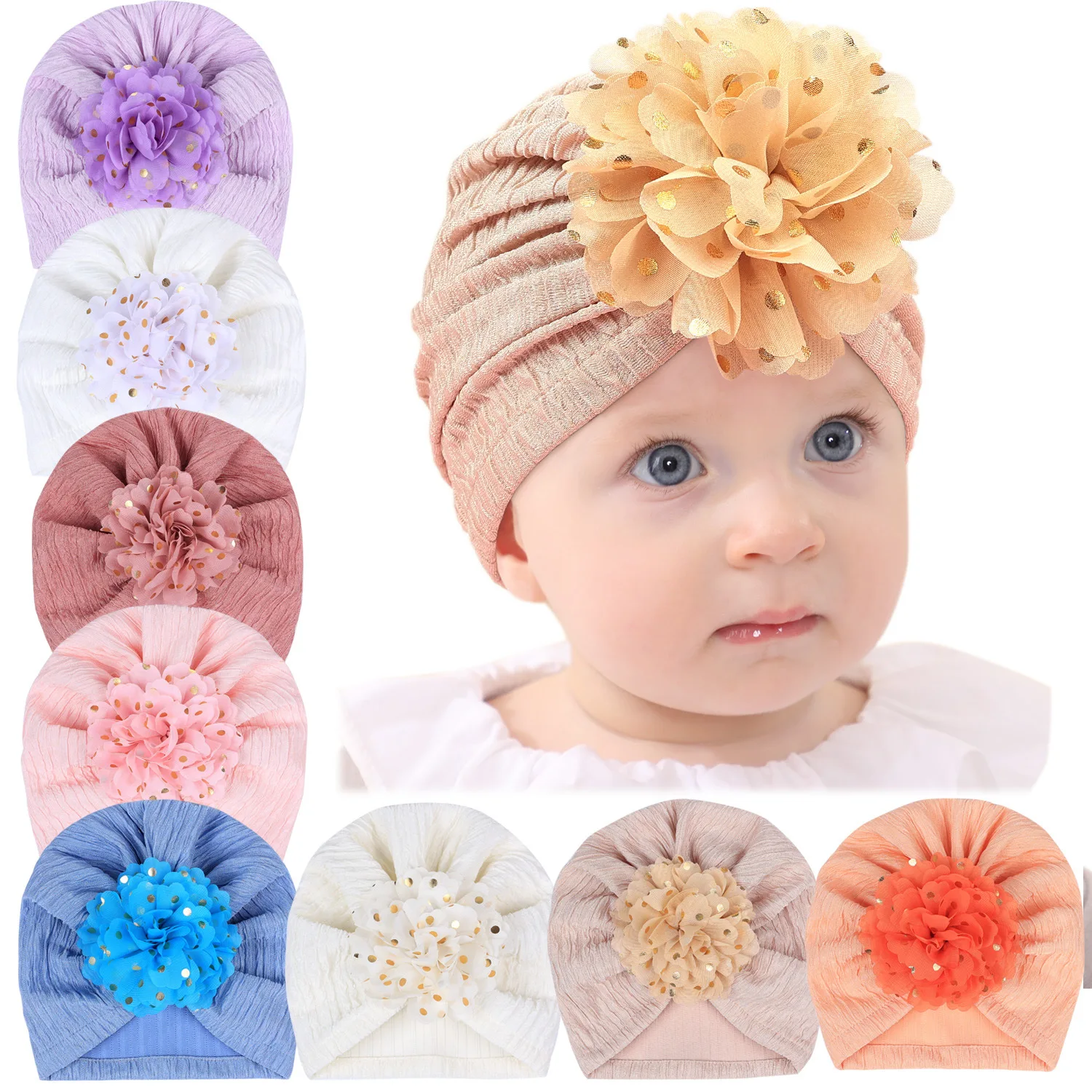 

1PC New Gold Dot Stamp Flower Turban Baby Bonnet Beanies Newborn Hat Boys Girls Head Wraps Infant Cable knit Caps Kids Headwear