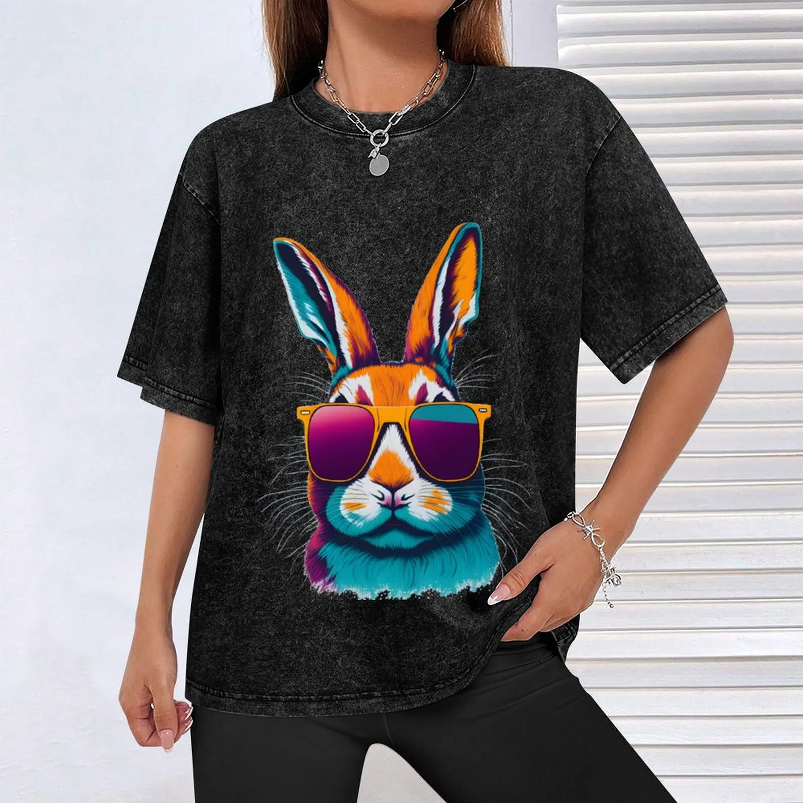 A punk rabbit wearing glasses. T-Shirt korean fashion graphic t shirt vintage Men's clothing
