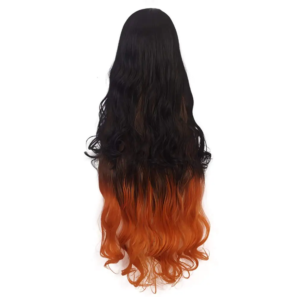 كامادو Nezuko Nezuko الباروكات ل قاتل الشياطين زي الباروكات الاصطناعية البرتقالية مختلطة أسود طويل مجعد الباروكات للنساء