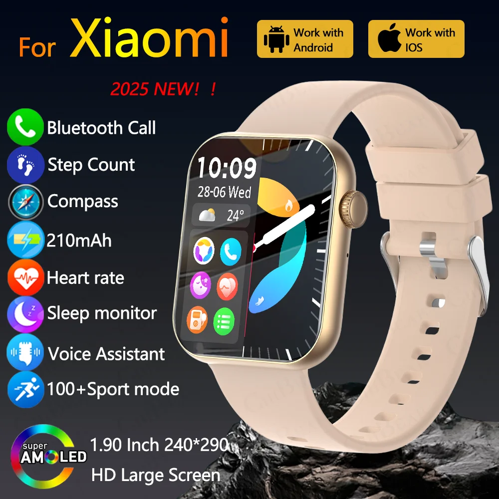 

2025 Новые умные часы с Bluetooth-звонком 1,90 дюйма, полный сенсорный экран, монитор сердечного ритма, спортивные умные часы для фитнеса, мужские и женские для Xiaomi
