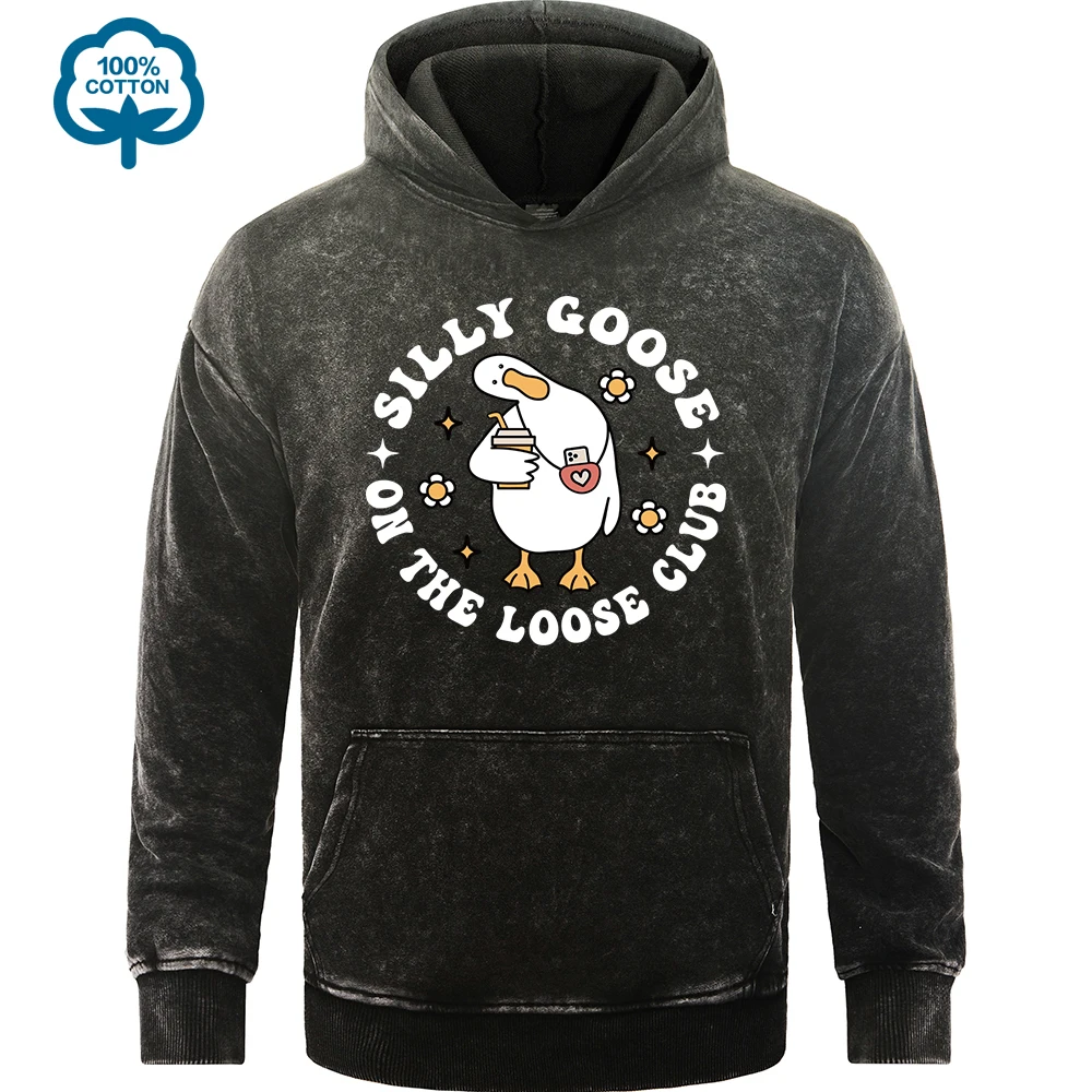 On The Loose Club Silly Goose Printing Men Washed Hoodie Cotton Soft Hoody Casual Oversized Pullover Comfortable Streetwear