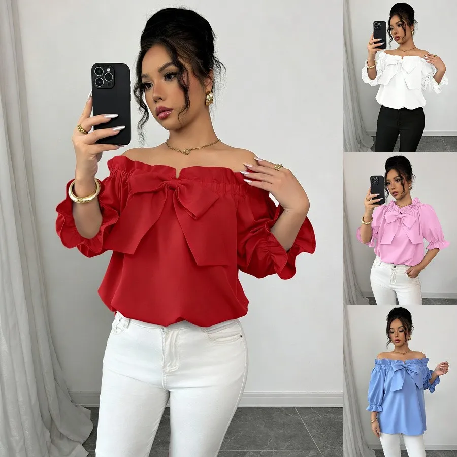 

Summer Women Blouse Woven Bow Front Red Blouses Loose Fit Short Sleeve White Chiffon Blouse Ruffle Sleeve Puff Sleeve Pink Top