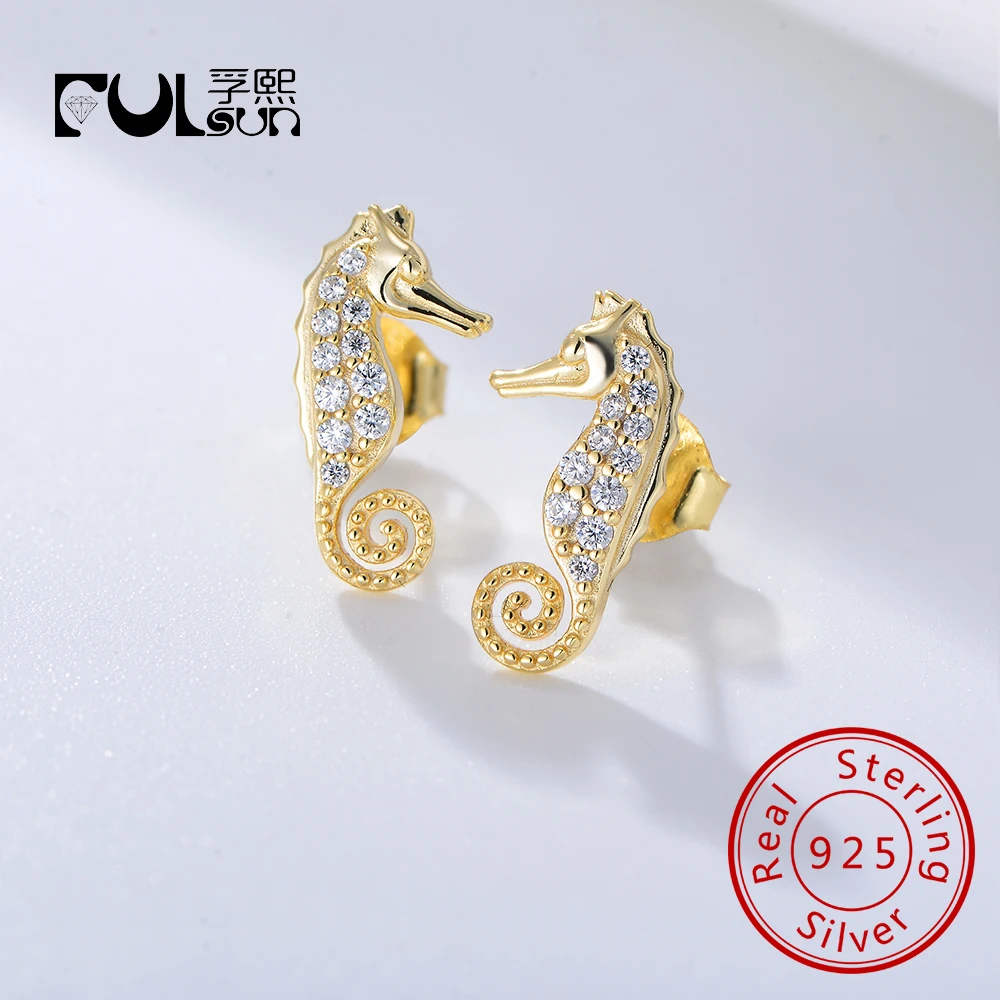 

Высококачественные серьги-гвоздики из стерлингового серебра 925 пробы с фианитом и гиппокампом для женщин, ювелирные изделия