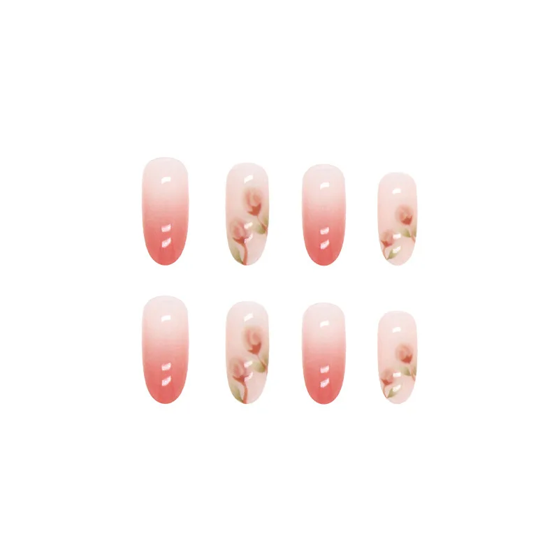 Flor de gradiente rosa Oval Unhas postiças, Pressione unhas acrílicas, Cheap coreano doce dicas de unhas falsas, Verão amêndoa dedo unhas dicas, 24pcs