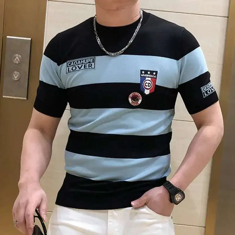 2022 Summer Men\'s Personalized Badge Embroidery Tees Slim Fit Stripe Ice Silk Short Sleeve Tshirt Tide Brand Round Neck Pullover