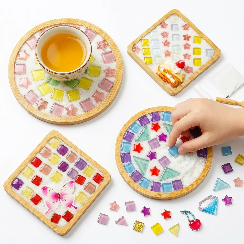 

3/4Pcs DIY Mosaic Coaster Handmade Material Creative Bamboo Tableware Mat Wooden Tray Plate Kindergarten Children DIY Craft Deco