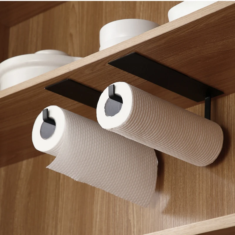 Kitchen Self-Adhesive Roll Rack Paper Towel Holder Tissue Hanger Rack Nail-Free Cabinet Shelf Sundries Accessories